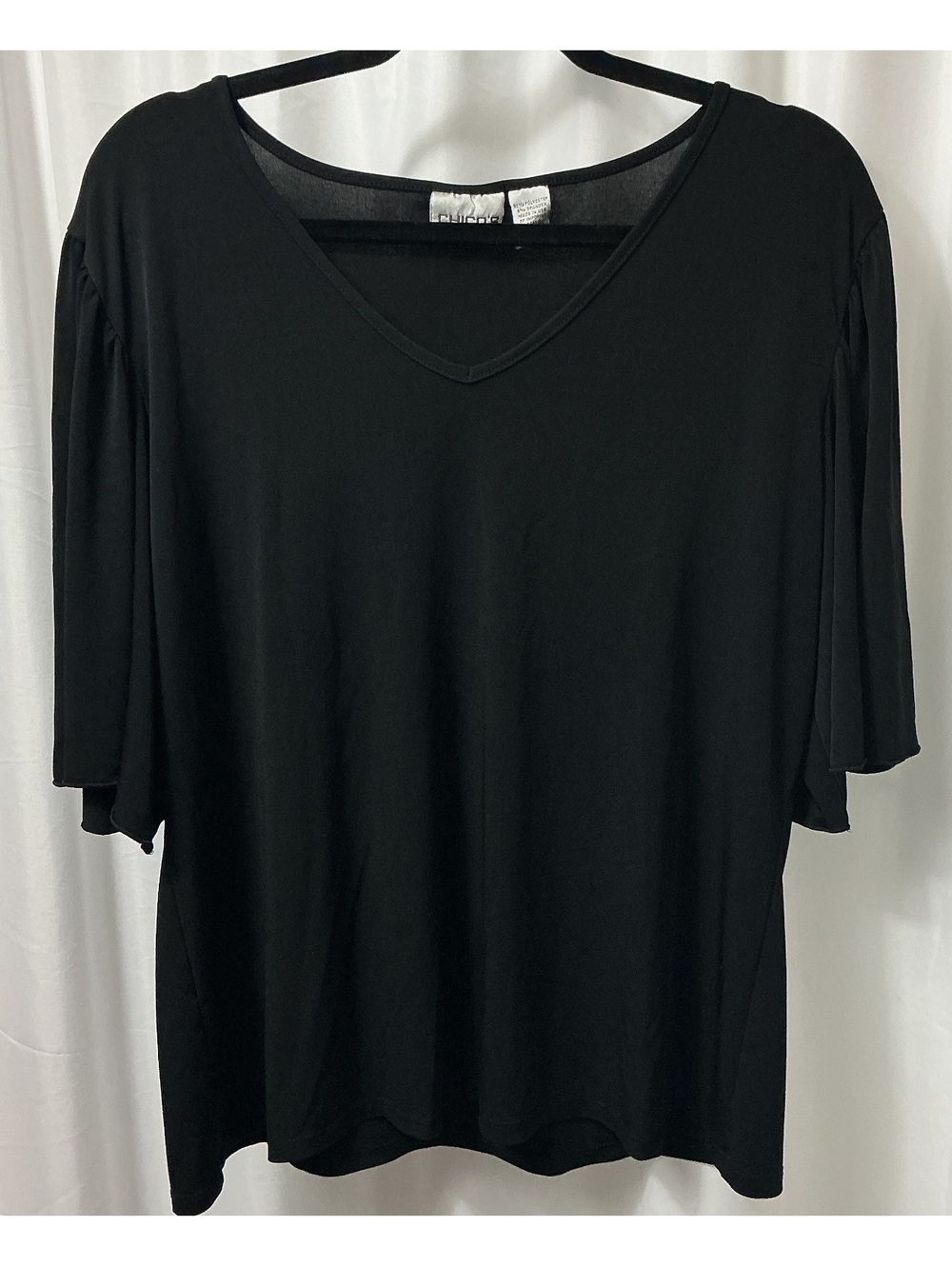 Chico’s Size 3 Black V Neck Flutter Sleeve Top Women XL Stretch USA Office Work